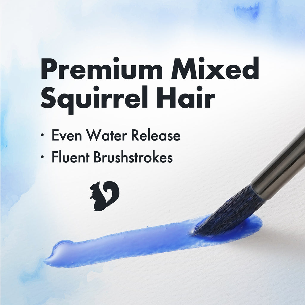 Brush with blue paint stroke on a light background, featuring text about premium mixed squirrel hair brush.