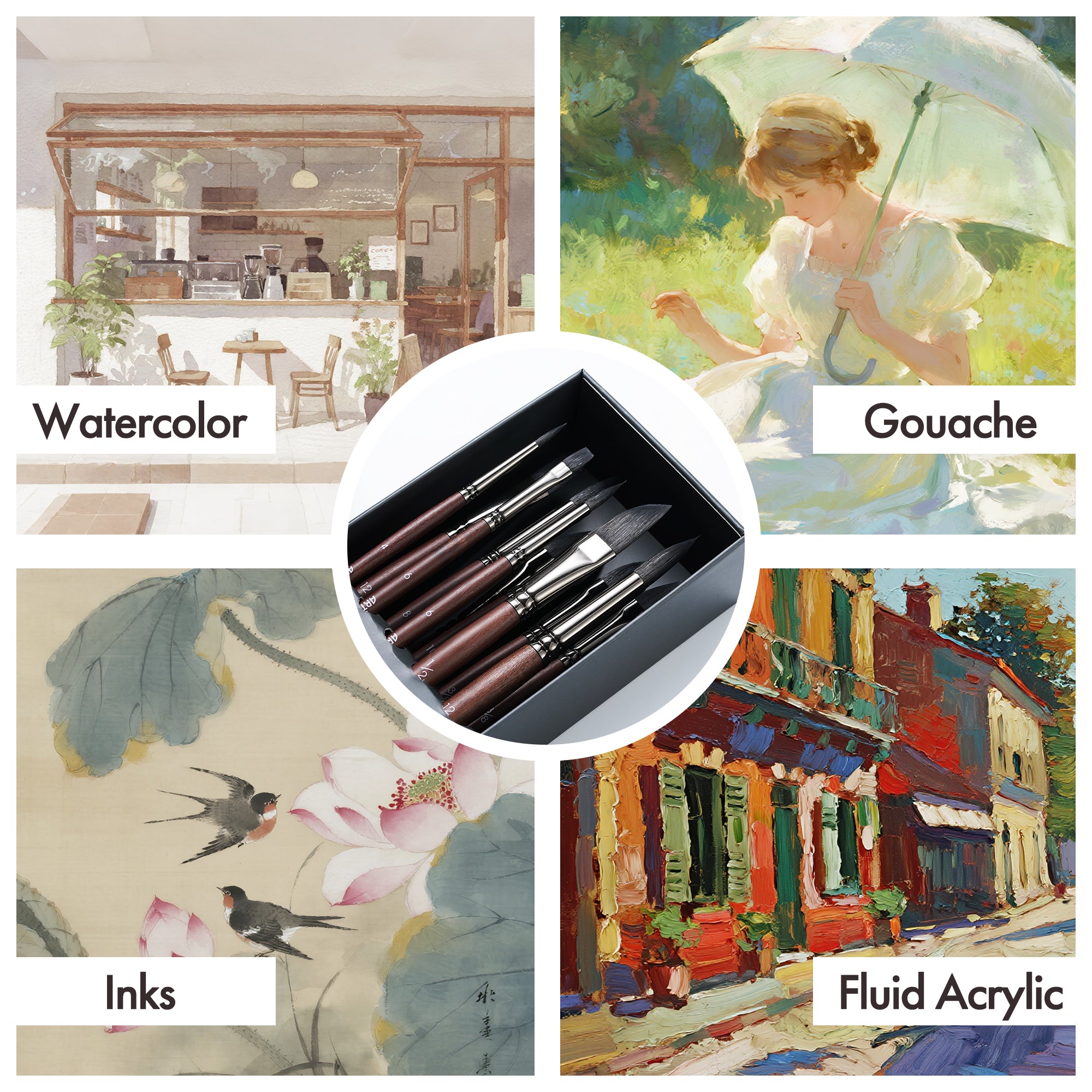 Collage of art supplies including watercolor, gouache, inks, and fluid acrylic with corresponding examples.