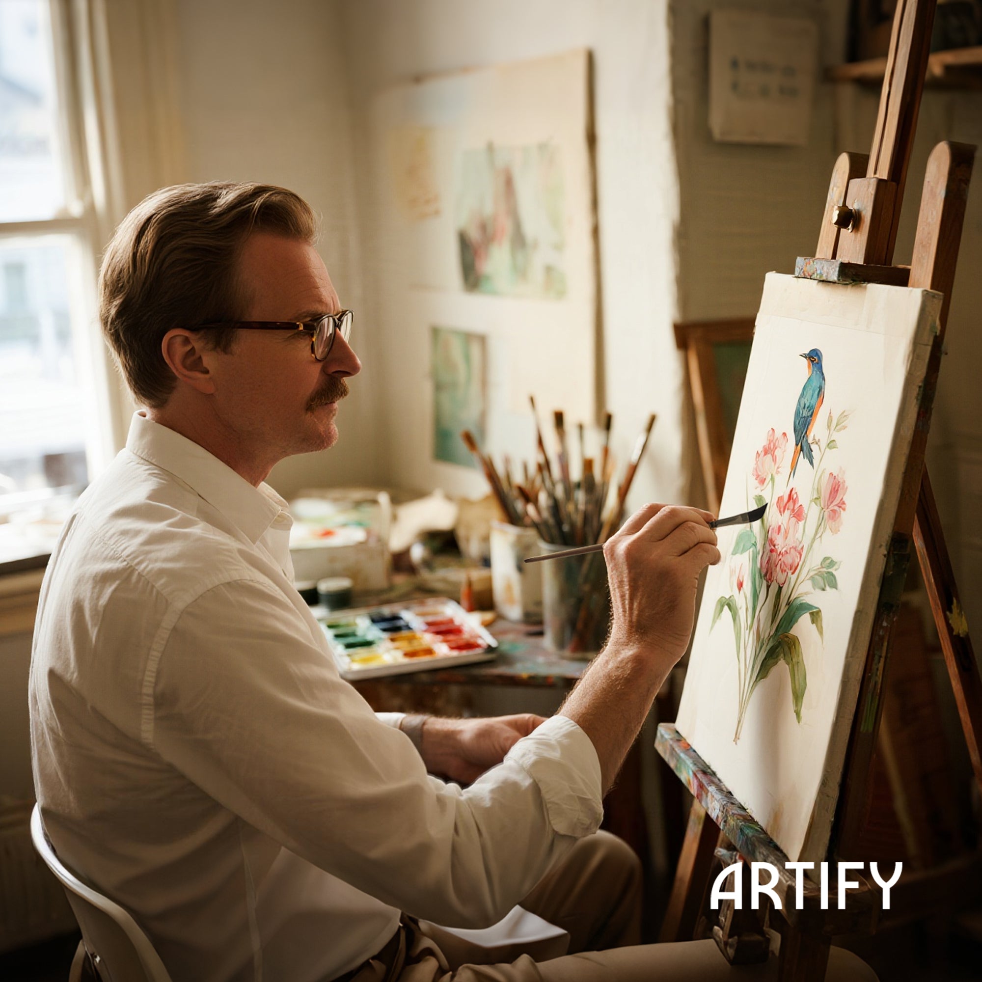 Man painting a floral scene on an easel in a studio setting.