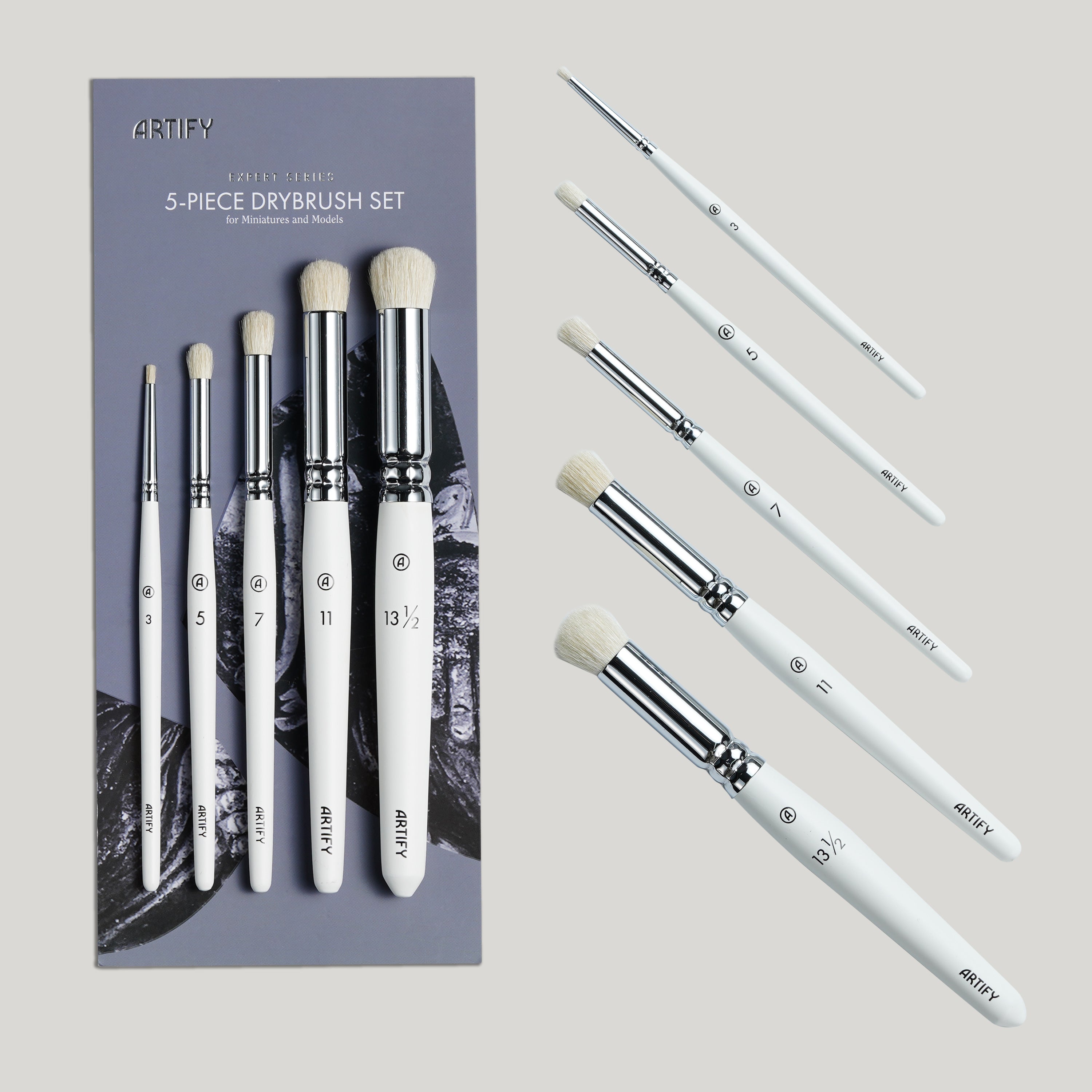 ARTIFY 5 Sizes Drybrush Set for Effortless Miniature, Model, Ceramics, Citadel Painting (White)