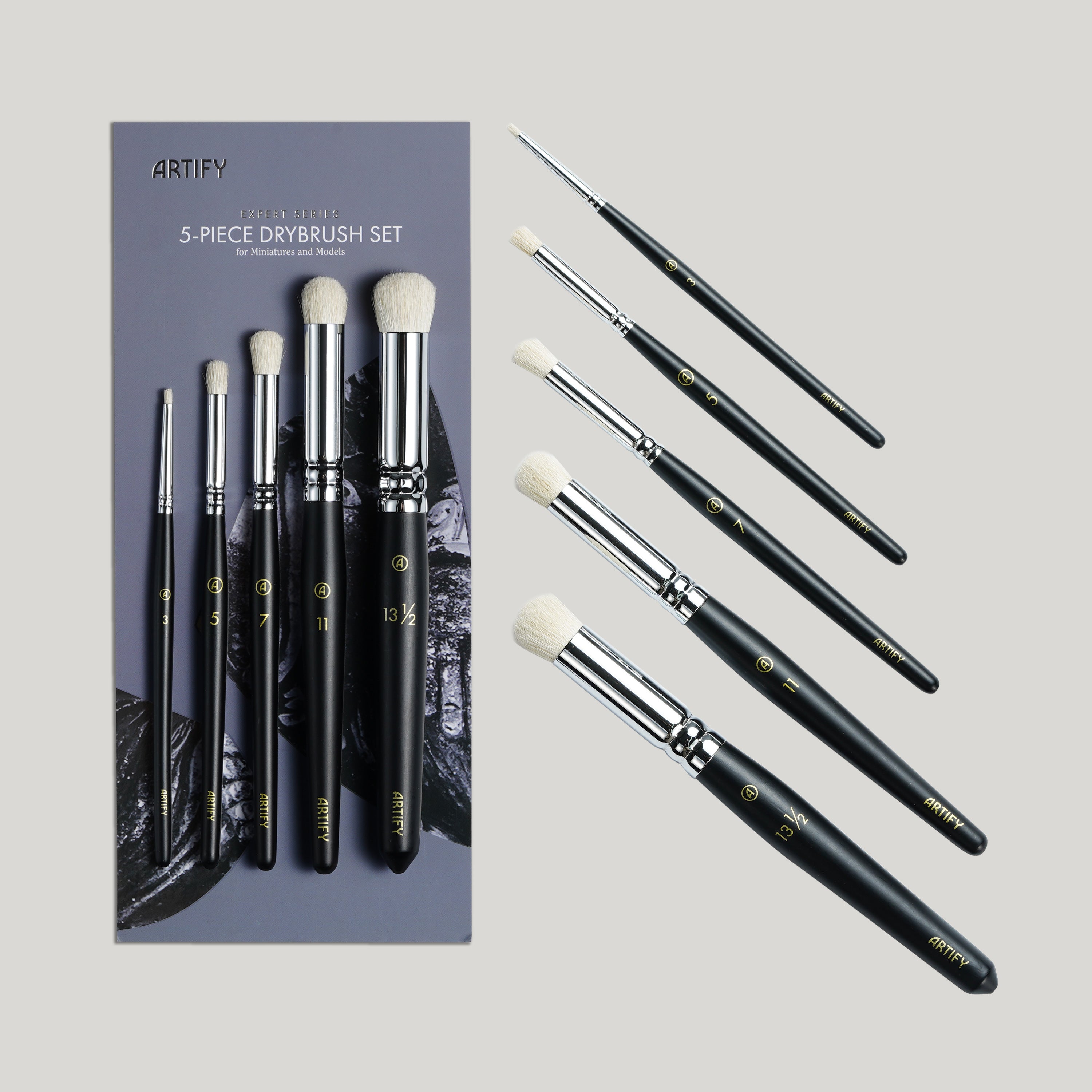 ARTIFY 5 Sizes Drybrush Set for Effortless Miniature, Model, Ceramics, Citadel Painting (Black) - Artify