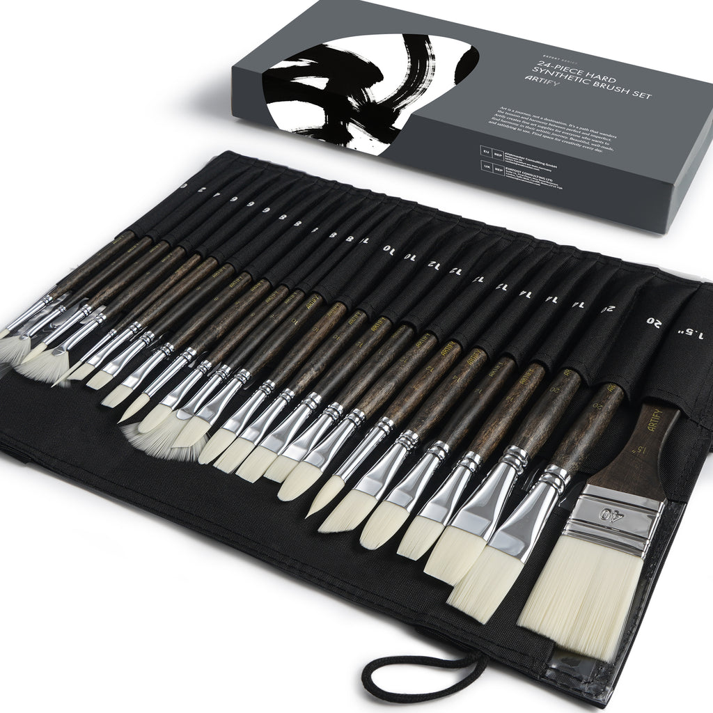 Set of paint brushes in a black case with a brush holder, on a white background. Paint and brush.