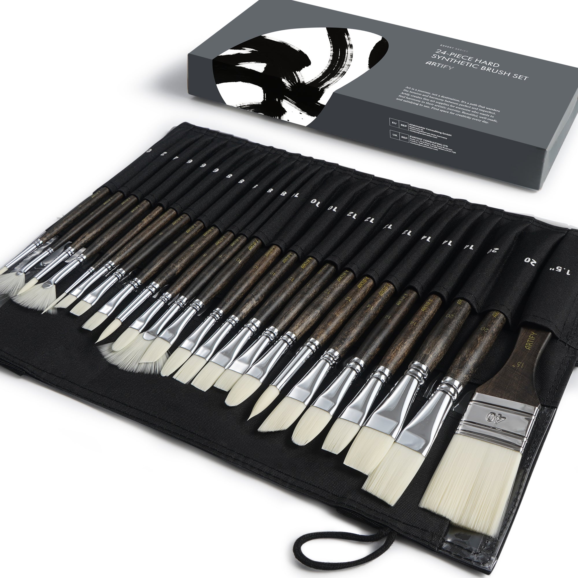 Set of paint brushes in a black case with a brush holder, on a white background. Paint and brush.
