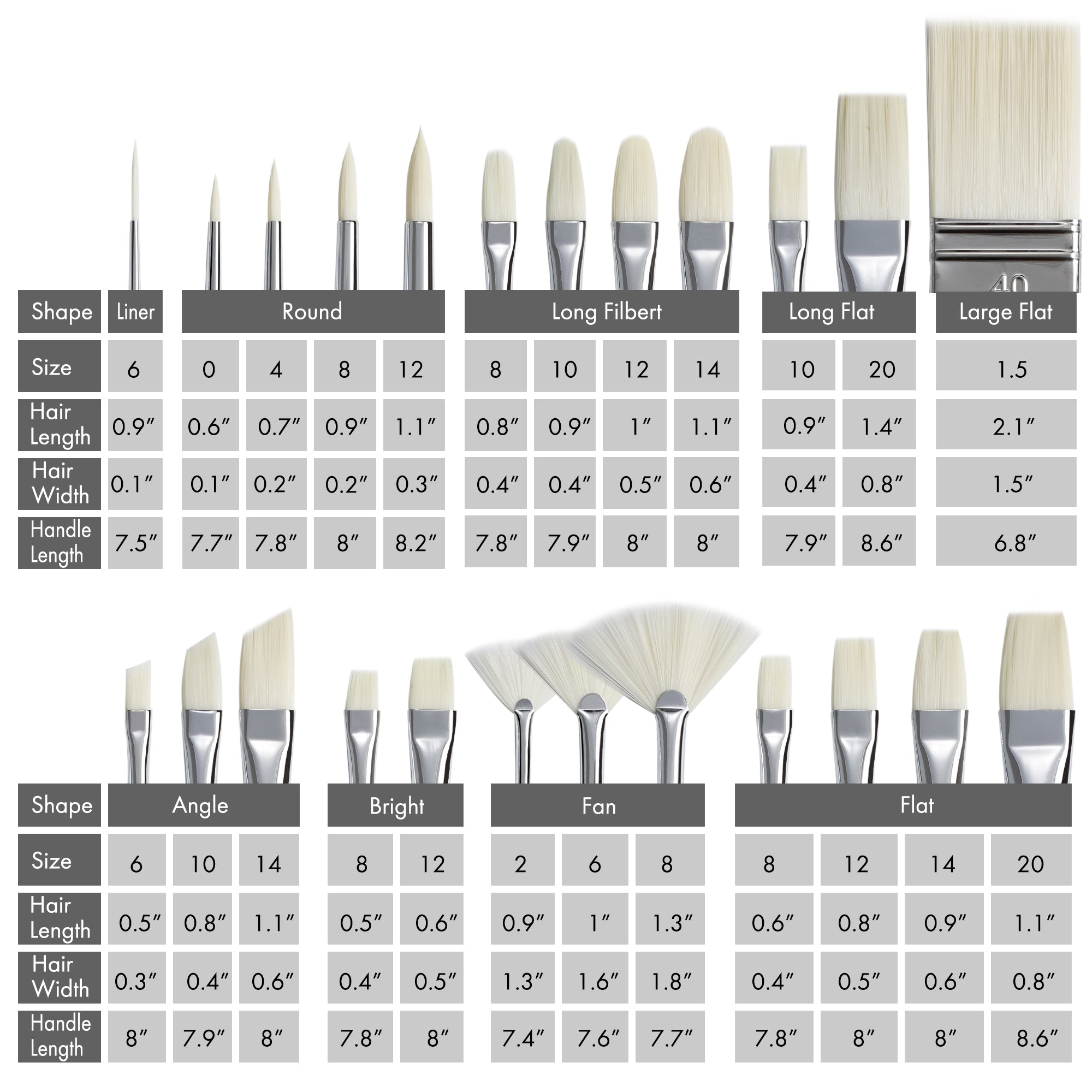 Collection of paintbrushes with specifications on a white background