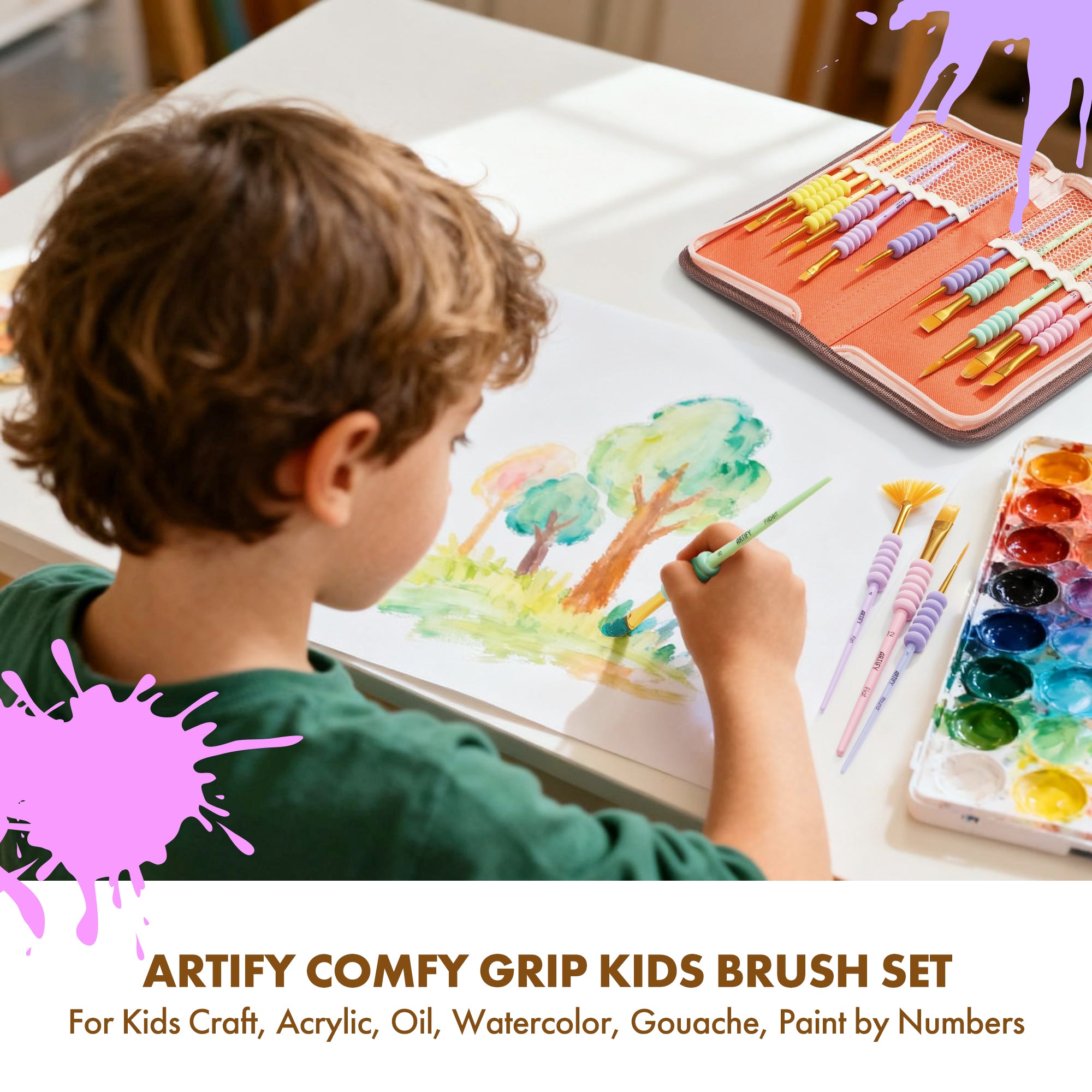 ARTIFY All-Purpose Paint Brushes for Kids with Cute Dino Bag, Ideal for Kids Arts & Crafts