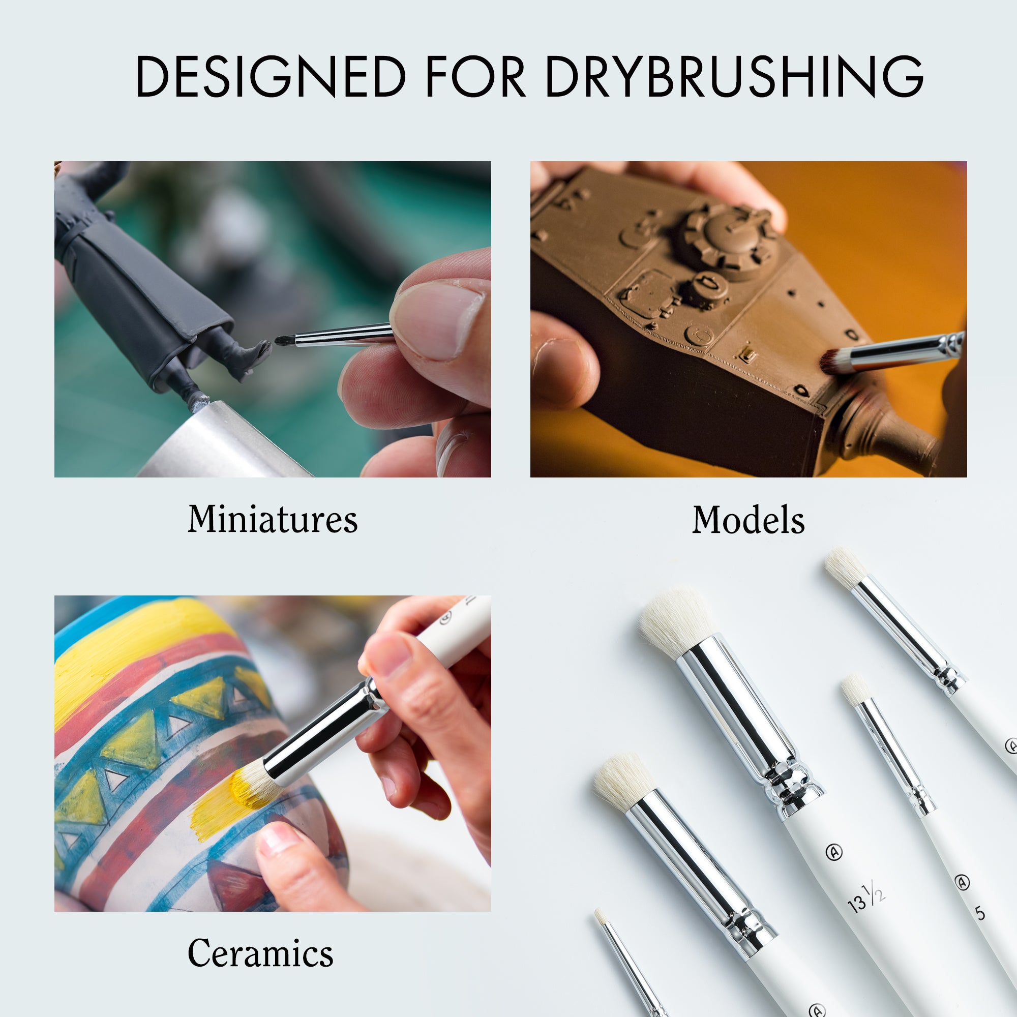 ARTIFY 5 Sizes Drybrush Set for Effortless Miniature, Model, Ceramics, Citadel Painting (White)