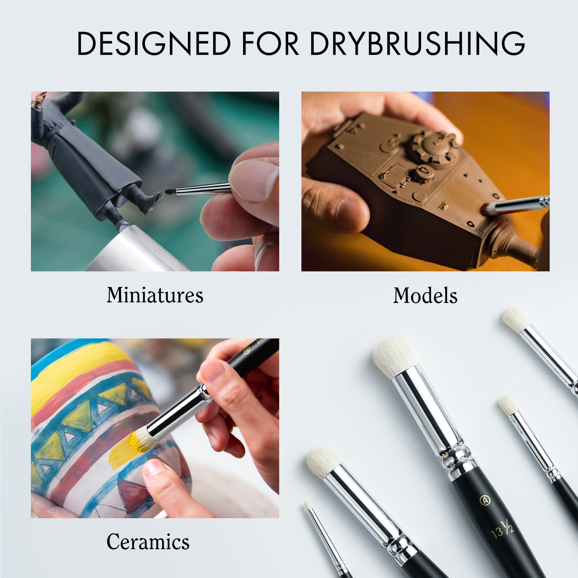 ARTIFY 5 Sizes Drybrush Set for Effortless Miniature, Model, Ceramics, Citadel Painting (Black) - Artify