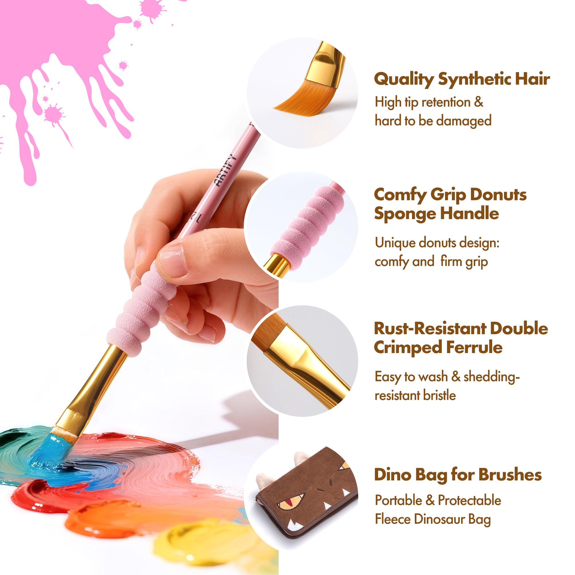 ARTIFY All-Purpose Paint Brushes for Kids with Cute Dino Bag, Ideal for Kids Arts & Crafts