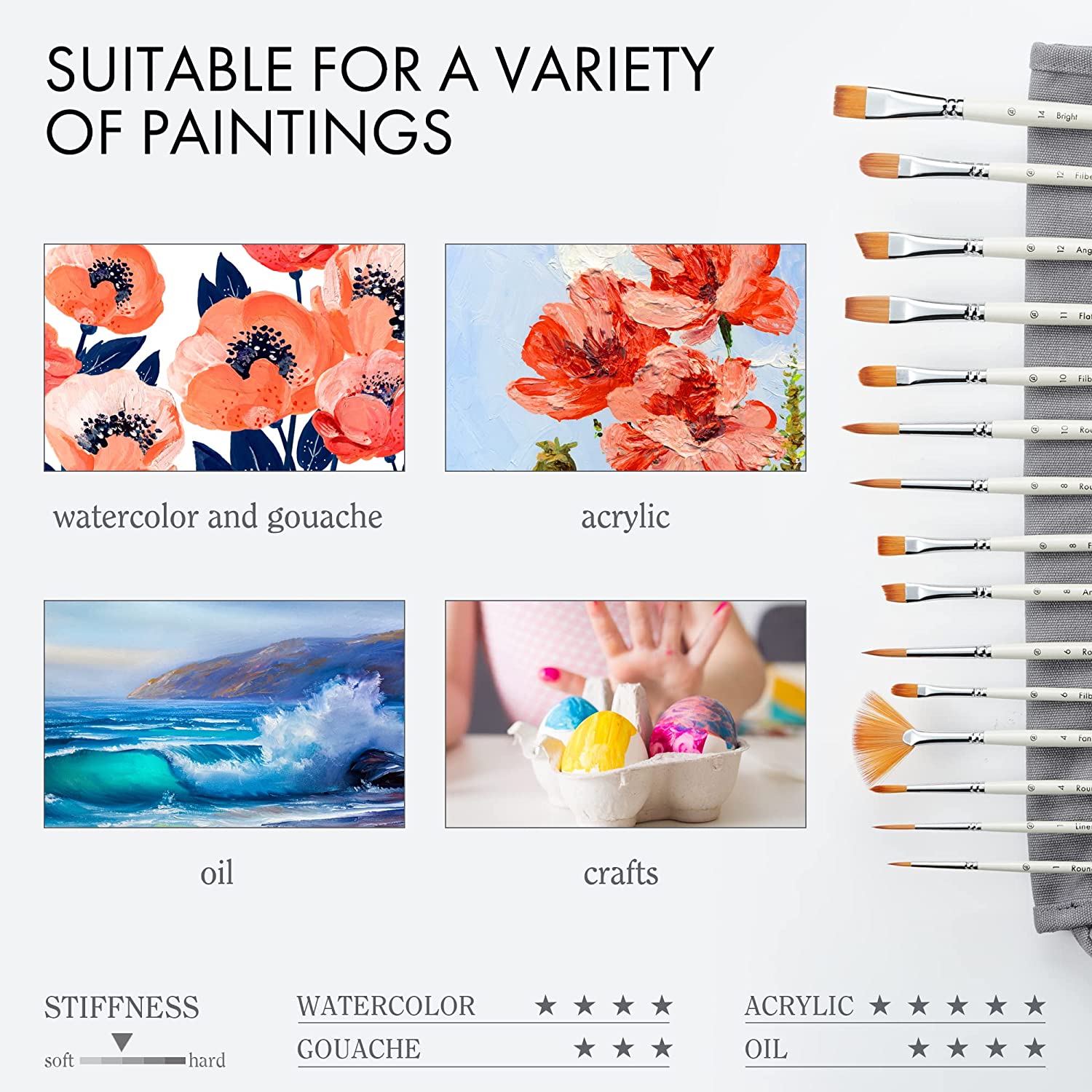 Sunflower 15 Pieces Paint Brush Set-Enhanced Synthetic Brush Set with Canvas Roll