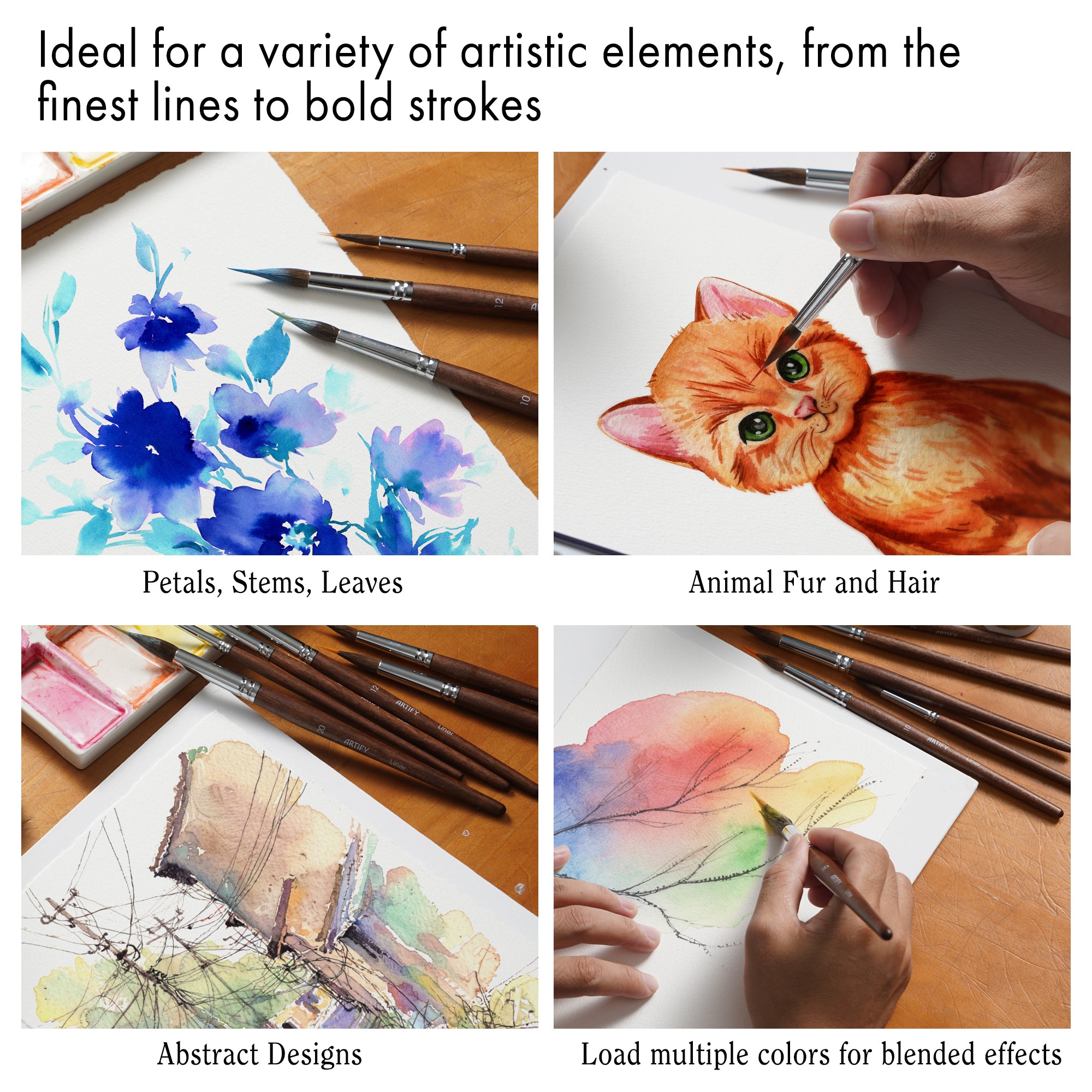 Professional Needle Point Watercolor Brush Set, Sable & Nylon Hybrid Extended Detail Brushes