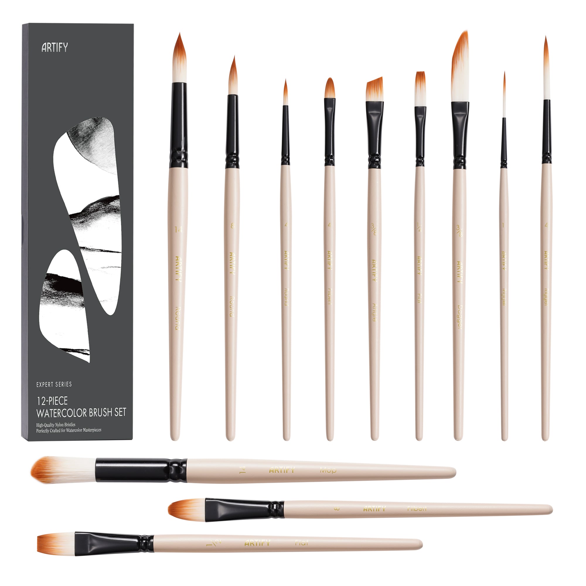 Professional Watercolor Paint Brush Set with Case for Beginners & Pros,Various Shapes - Artify