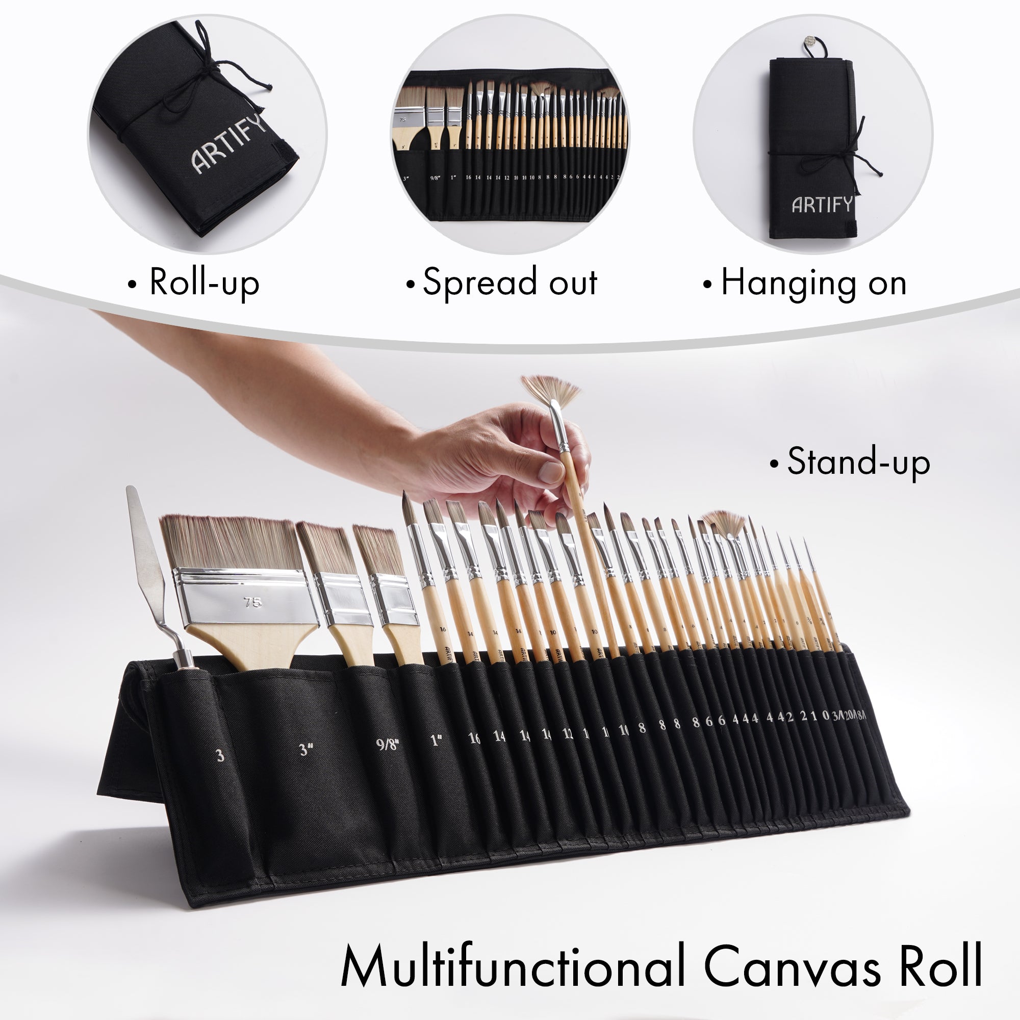 ARTIFY 30-Piece Expert Paint Brush Set, Upgraded Version, Complete Range of Sizes with Canvas Roll and Palette Knife for Acrylic, Oil, Watercolor, and Gouache