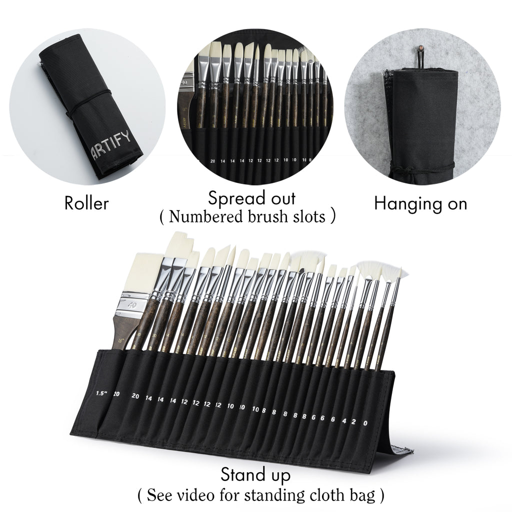 Set of paintbrushes with a carrying case showing different usage scenarios.