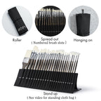 Set of paintbrushes with a carrying case showing different usage scenarios.