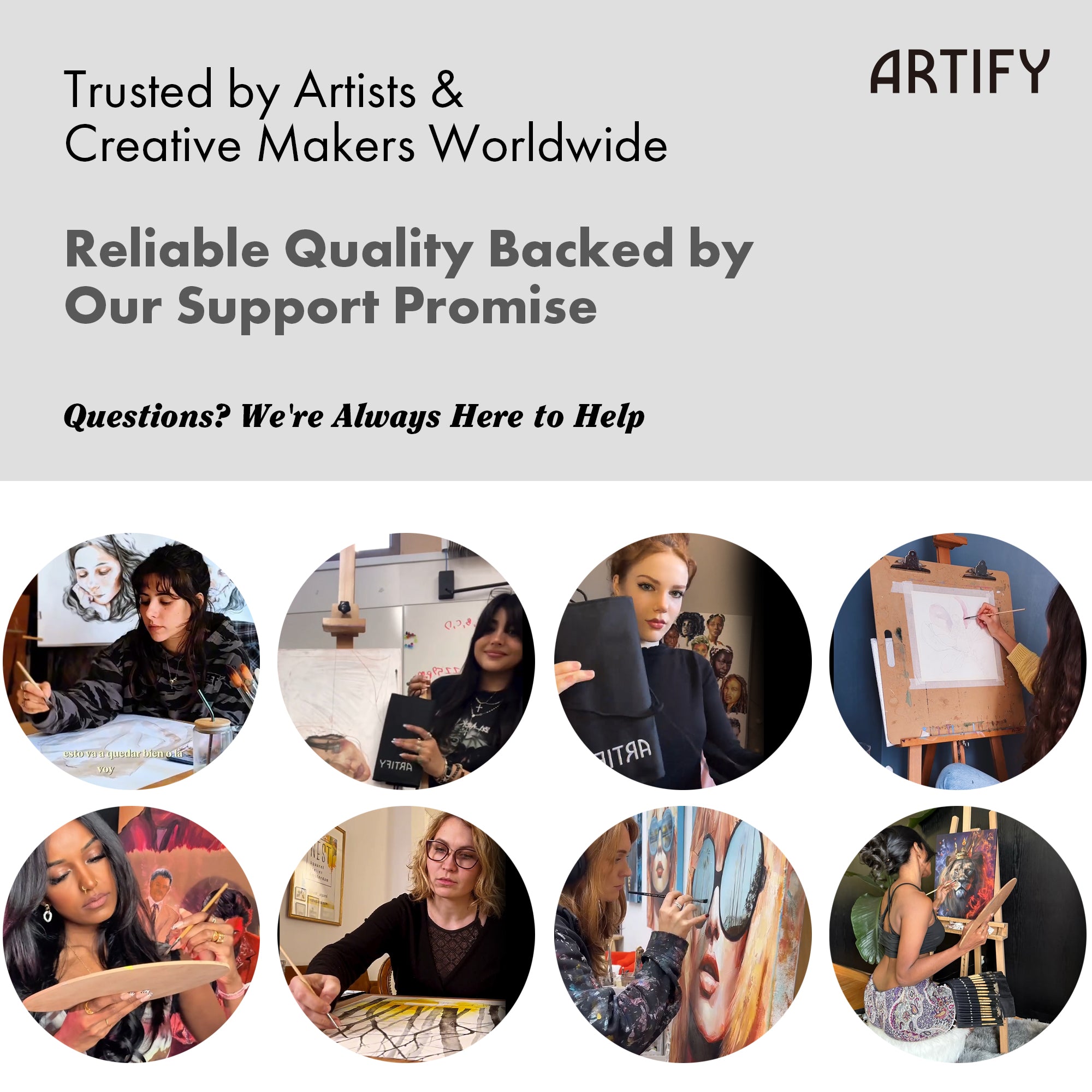 Promotional image for Artify, a platform trusted by artists and creative makers worldwide, with text about reliability and support.