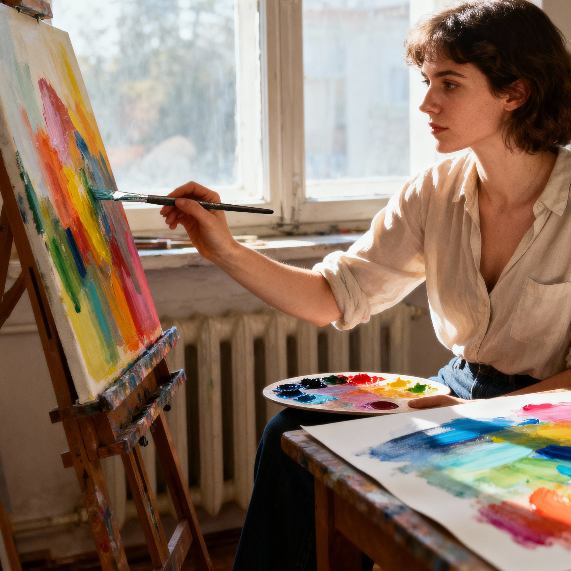 Woman painting with a brush and palette in an indoor setting, paint and brush