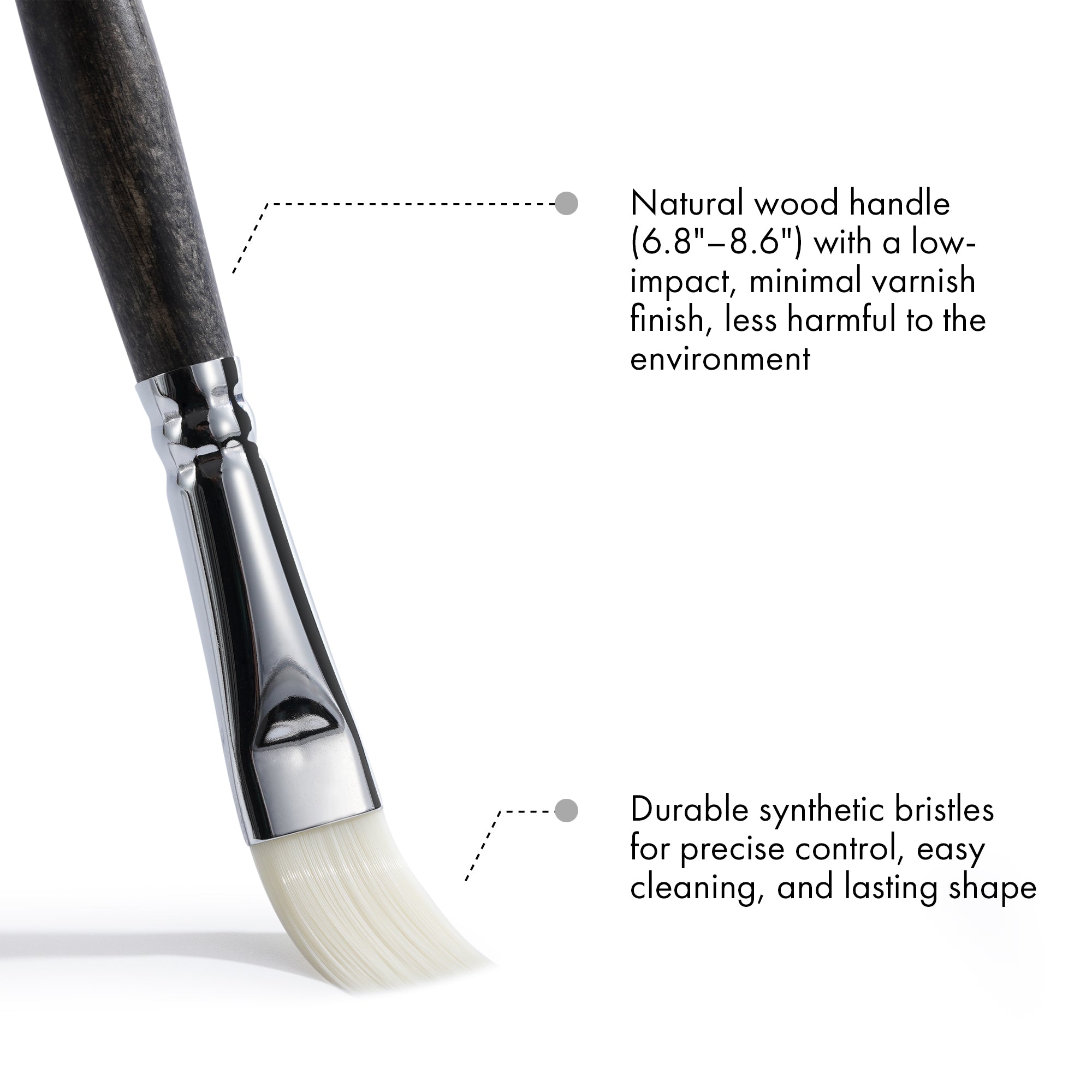 Paint brush with natural wood handle and synthetic bristles on a white background