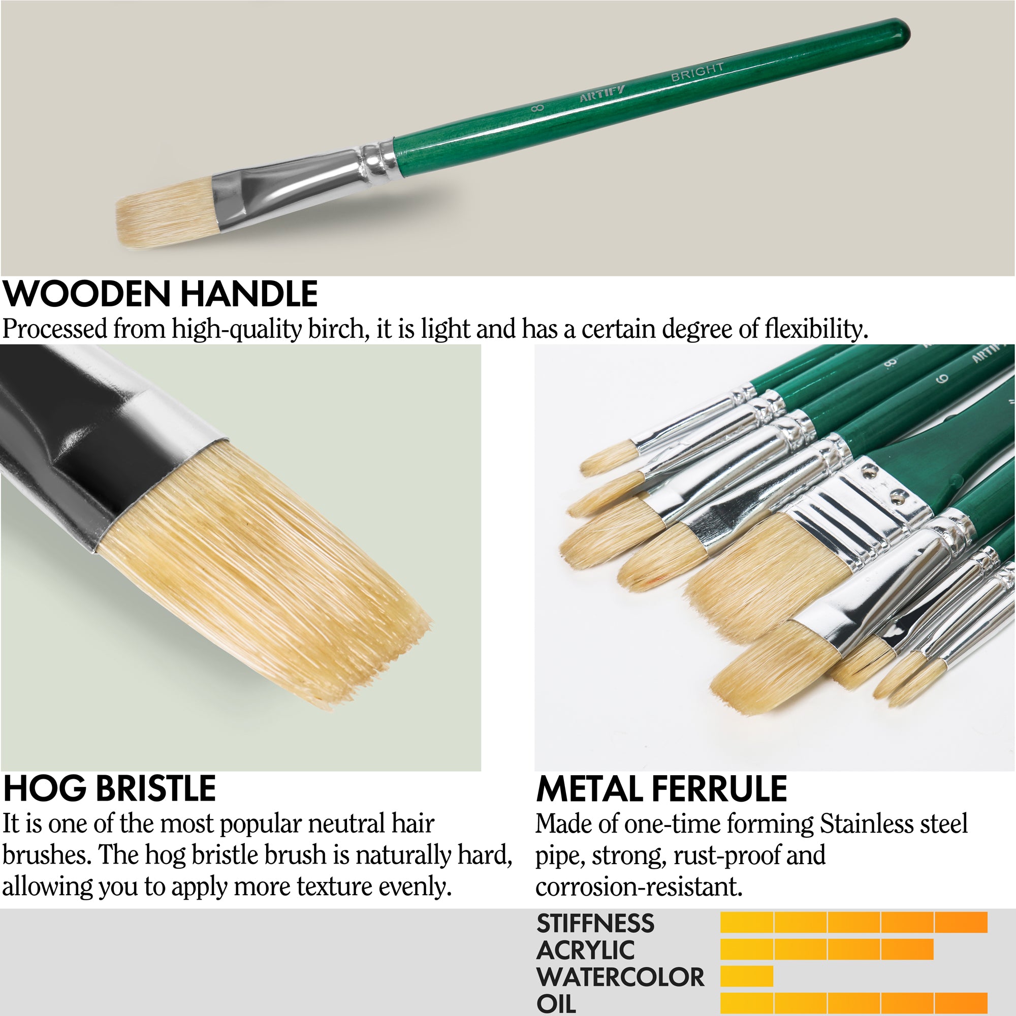 ARTIFY 10 Pcs Hog Hairs Paint Brush Set