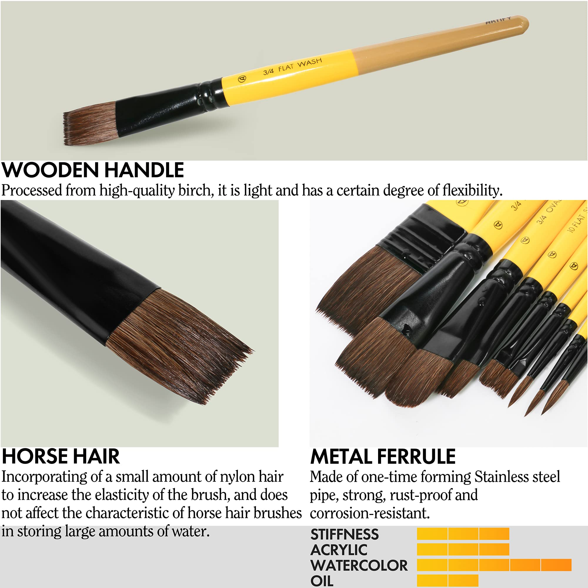 ARTIFY 10 Pcs Natural Horse Hair Paint Brush Set