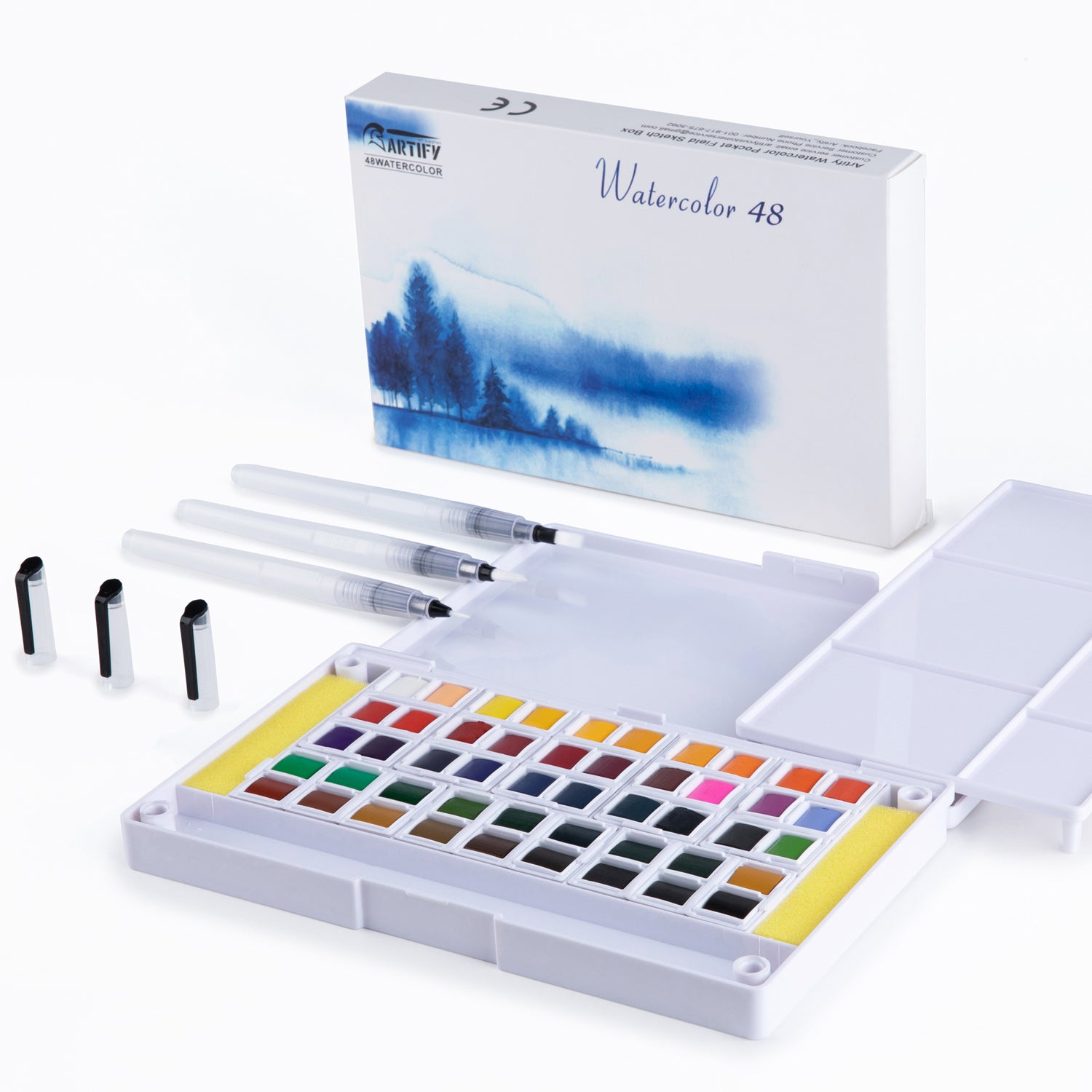 Artify Watercolor Field Sketch Set - 48 Assorted Colors with 3 Brushes, Mini Travel Kit - Artify